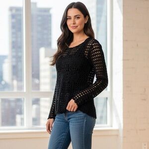 Free People Crochet Mandala Cutout Long Sleeve Top Black S Boho Tunic